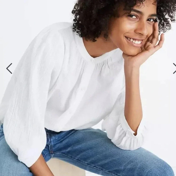 Madewell White Metallic Shimmer Stripe Peasant Top Size M - Picture 2 of 10